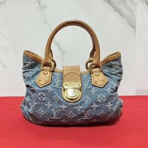 Louis Vuitton Pleaty Denim Handbag Pouch Clutch Monogram LV Blue Brown Business